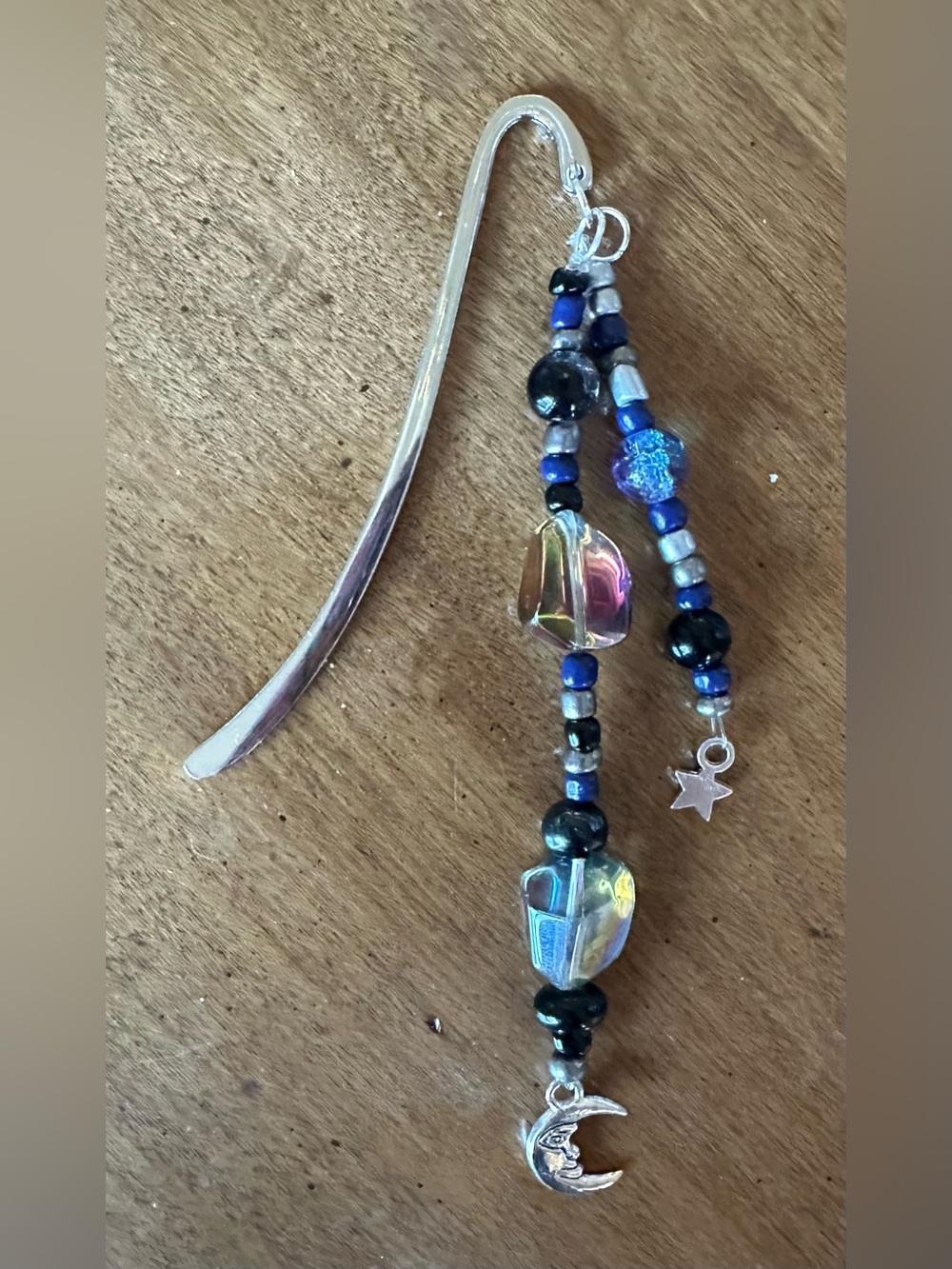 Blue Beaded Bookmark Charm with Moon & Star Accents